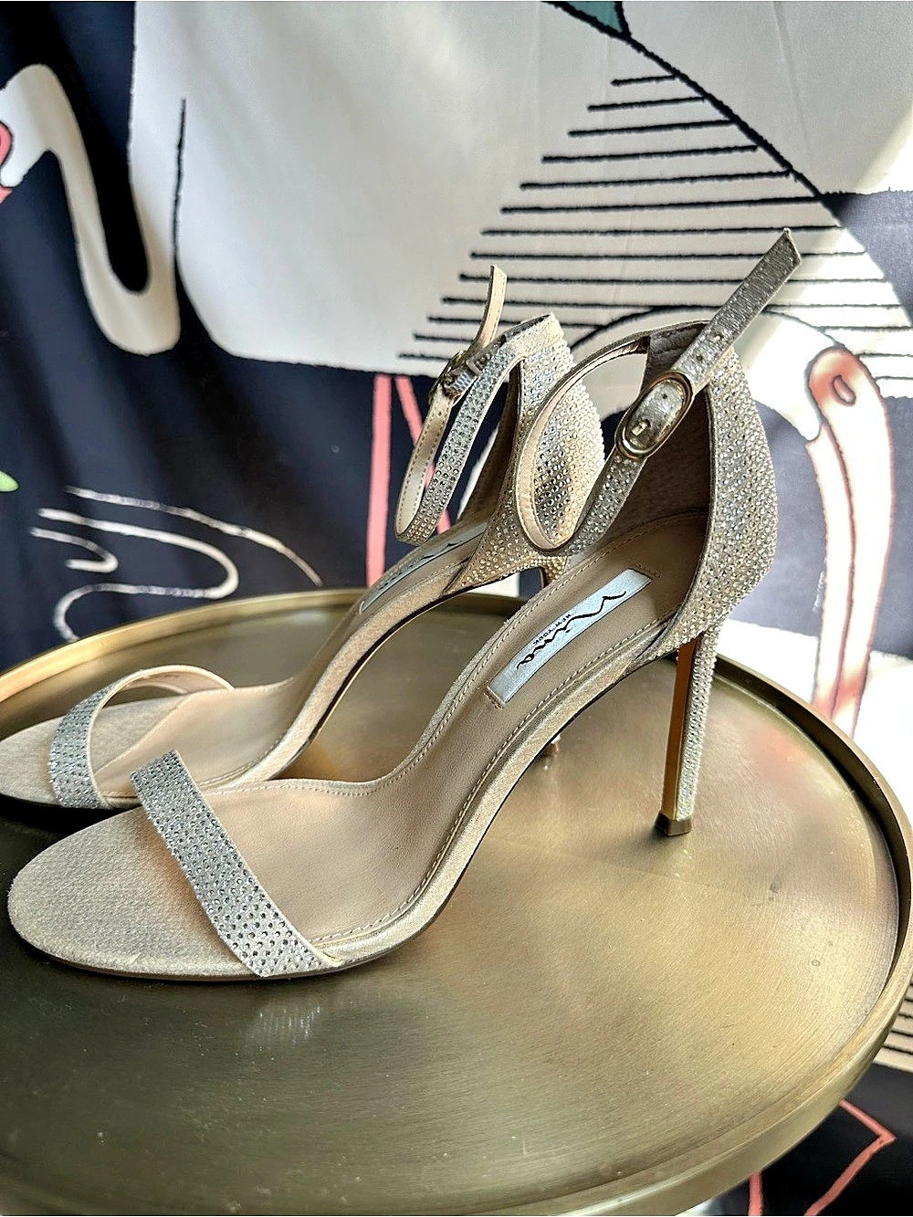 Nina Electra Crystal Embellished Ankle Strap Sandal Gold Stiletto Heels size 9.5